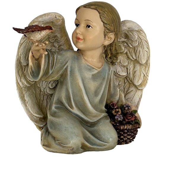 Vintage Napco Angel Figurine Guardian Holding Bird Basket of Flowers Statue - Picture 1 of 9